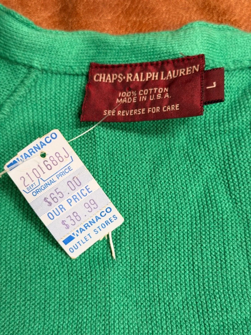Vintage Chaps Ralph Lauren Sweater Size L 80s Green Cotton Cardigan Made USA NWT
